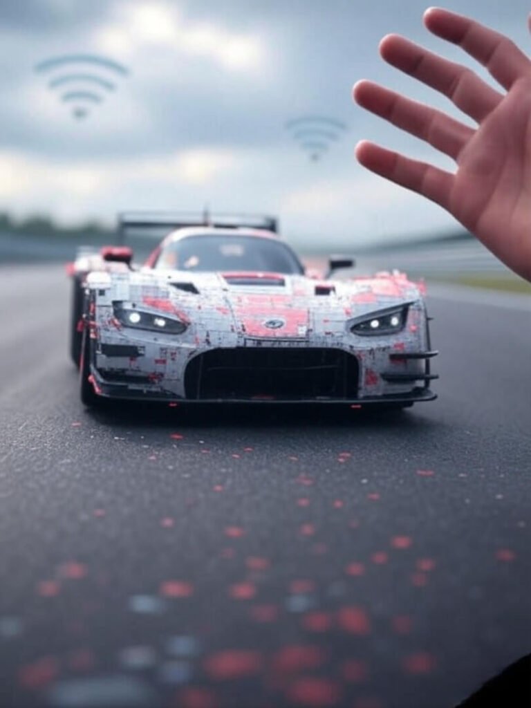 Pixelated racecar, frustrated hand, fading Wi-Fi glitch