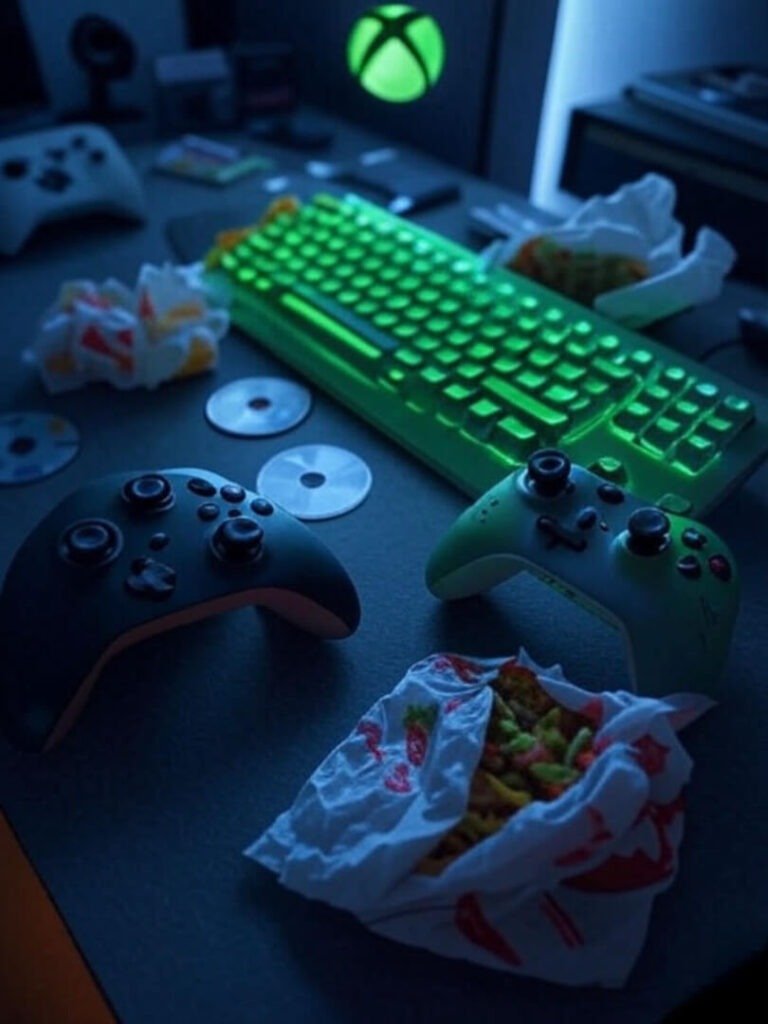 Messy desk, neon keyboard, taco, Xbox glitch art