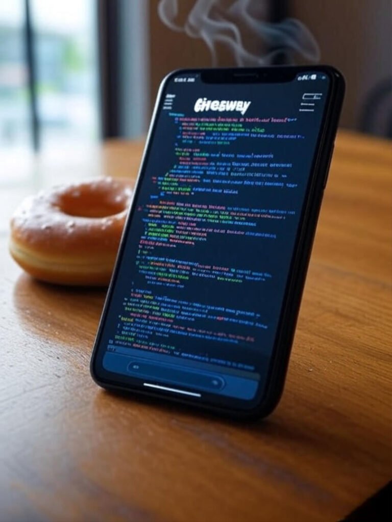 Phone giveaway, coffee steam, half-eaten donut