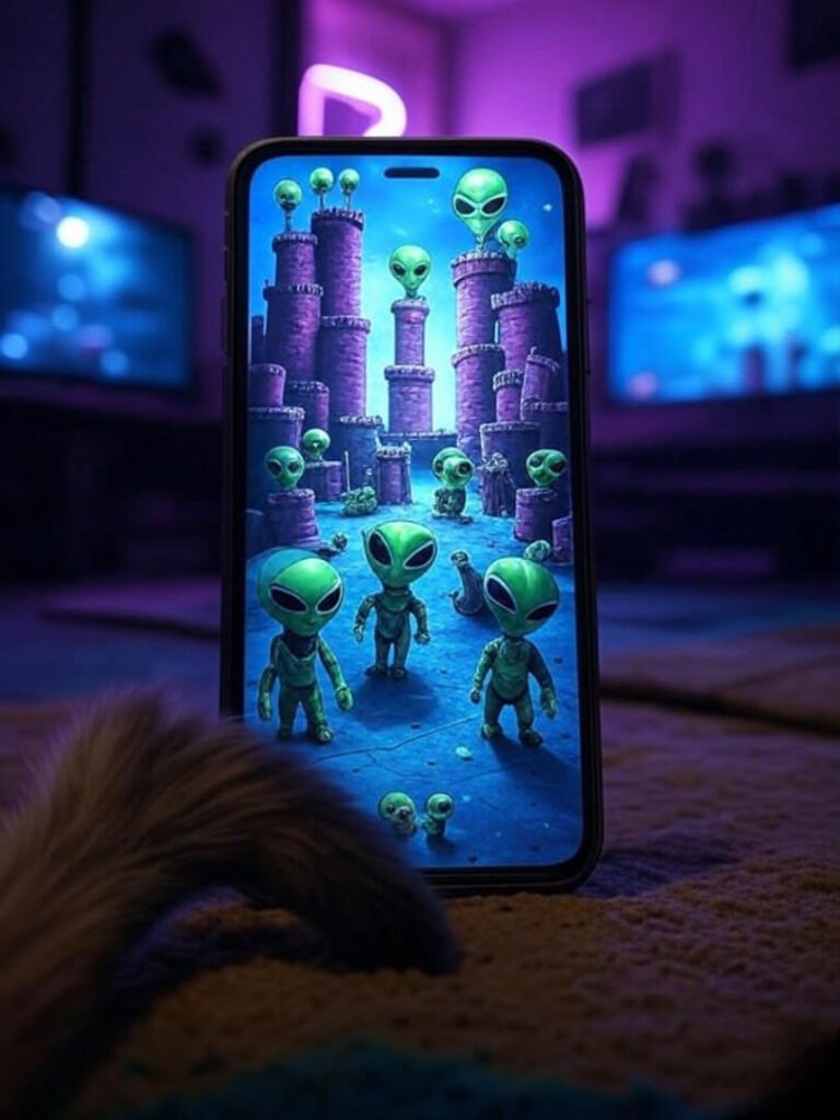 Phone game, aliens, turrets, cat tail, neon chaos