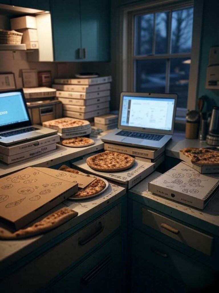 Messy kitchen, Canva laptop, pizza boxes, doodled sketchpad
