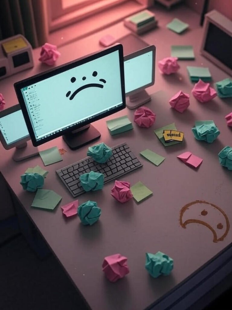 Messy desk, Notion AI, Post-its, frowny coffee stain