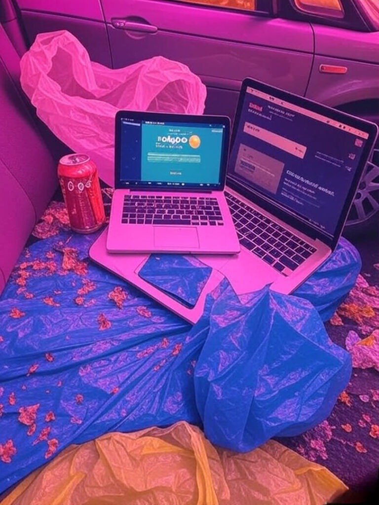 Messy car laptop, HubSpot AI, deli bag, soda chaos