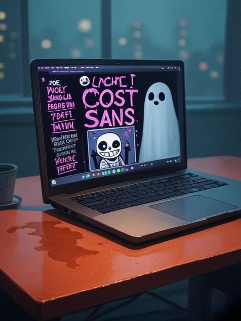 Canva workspace, Comic Sans post, coffee spill, ghost shadow