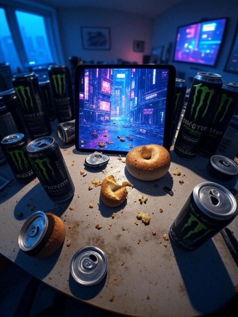 Messy workspace, Monster cans, bagel, cyberpunk tablet