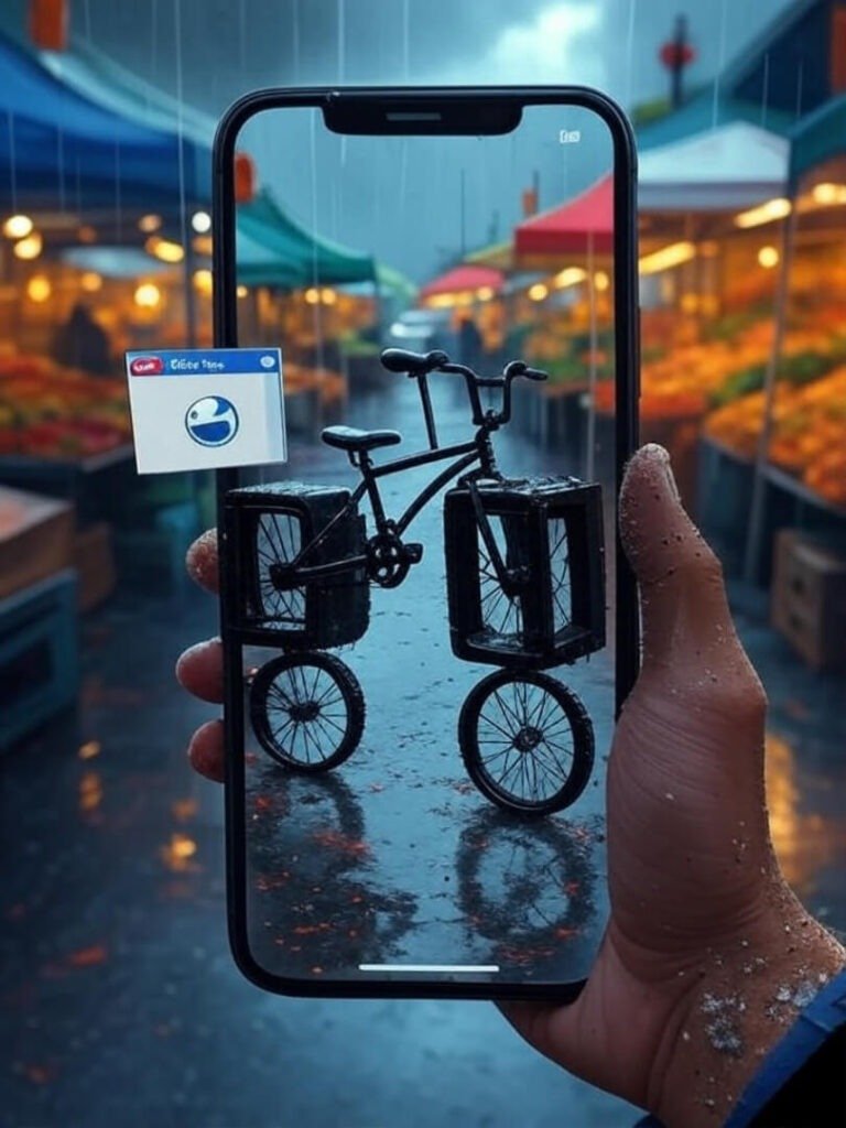 Glitchy bike, Dorito hand, rainy Seattle market
