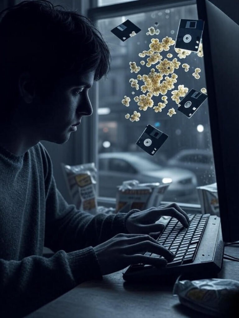 Fingers on keys, popcorn slides, rainy city glow