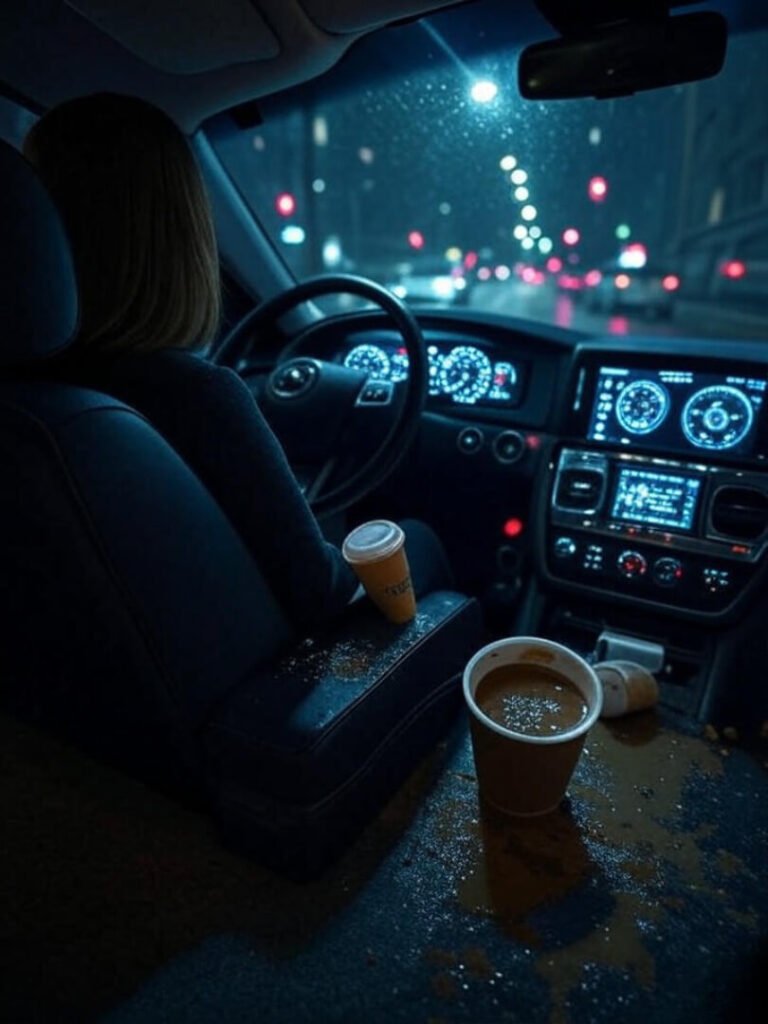 Moody self-driving taxi, rainy Seattle, spilled coffee