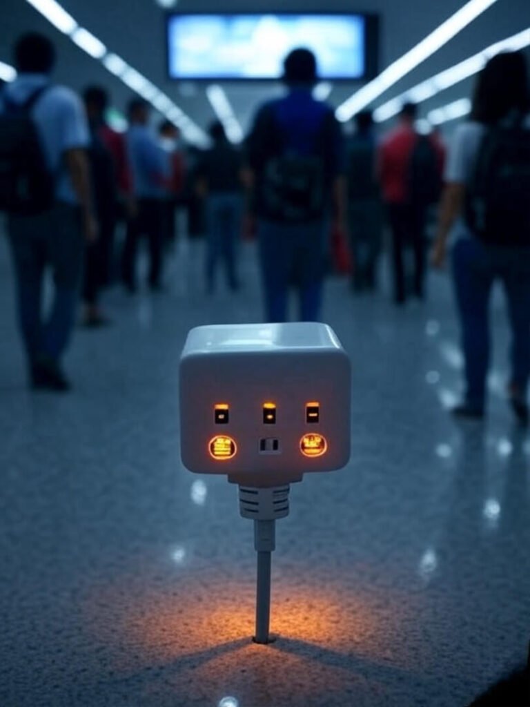 Lit Adapter Amid Blurry Airport Chaos