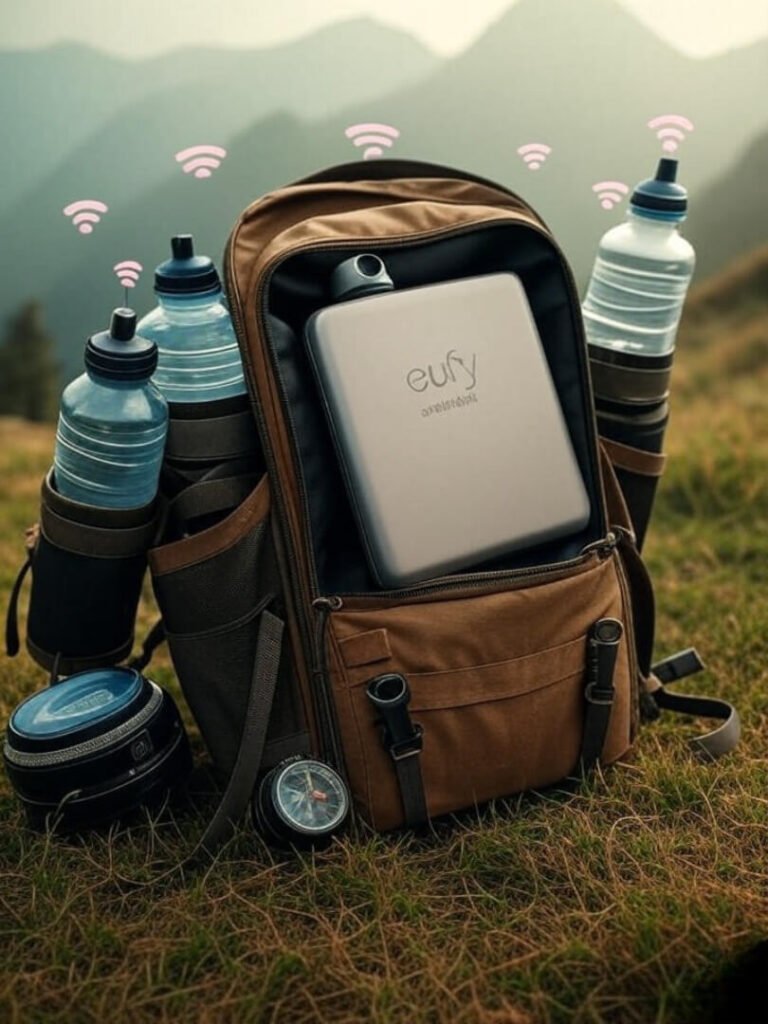 Eufy SmartTrack in backpack with misty mountains