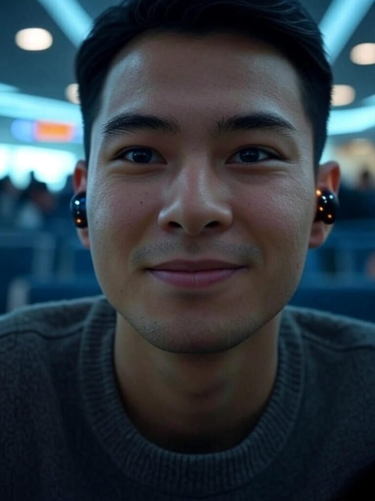Smirking traveler with starry earbuds in busy airport