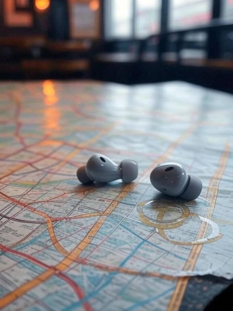 Earbuds on map, nostalgic cafe stains glow