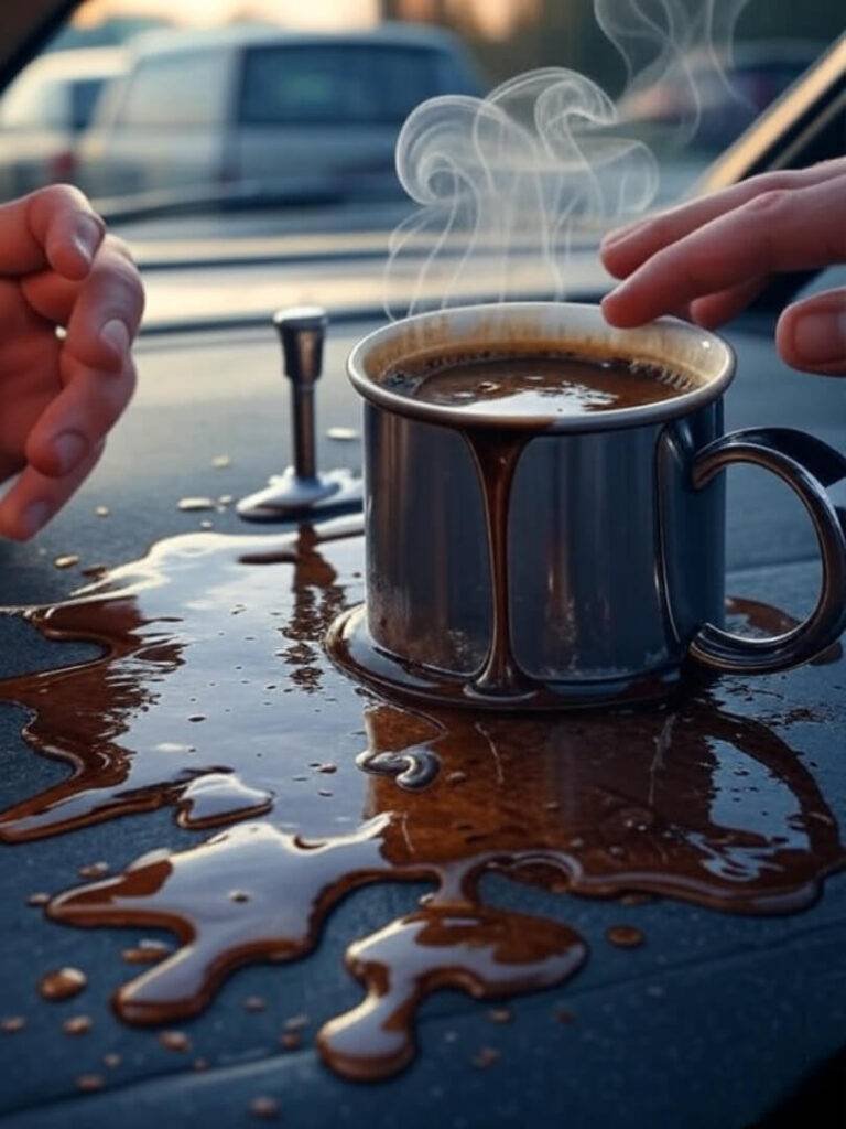 Spilled coffee chaos on car dashboard mess
