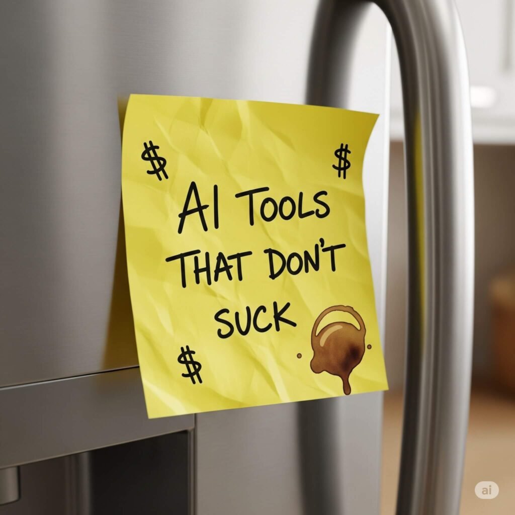 Crumpled sticky note on fridge: "AI Tools That Don't Suck