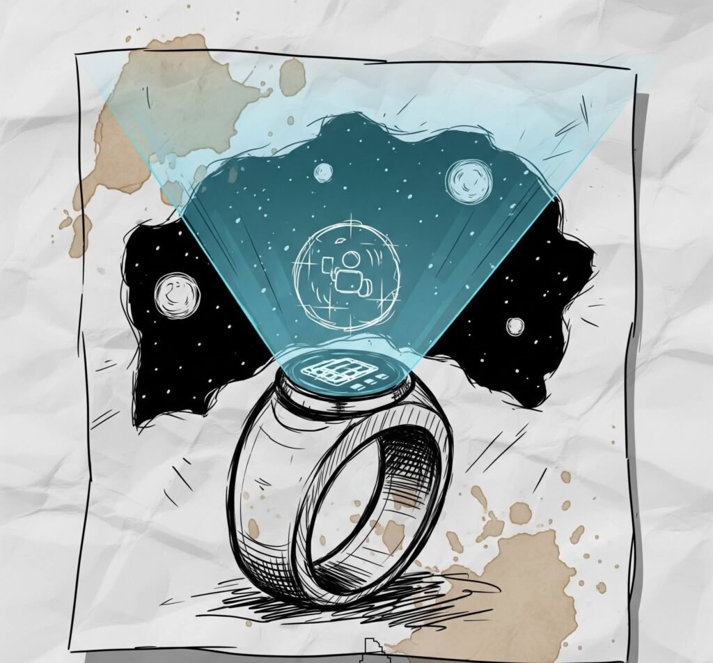 Smart ring hologram sketch on coffee-stained napkin.