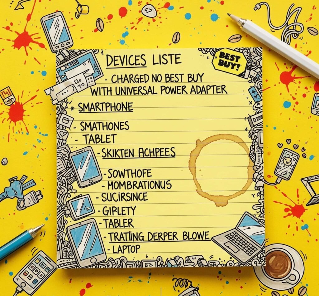 Hand-drawn list on sticky note with adapter devices