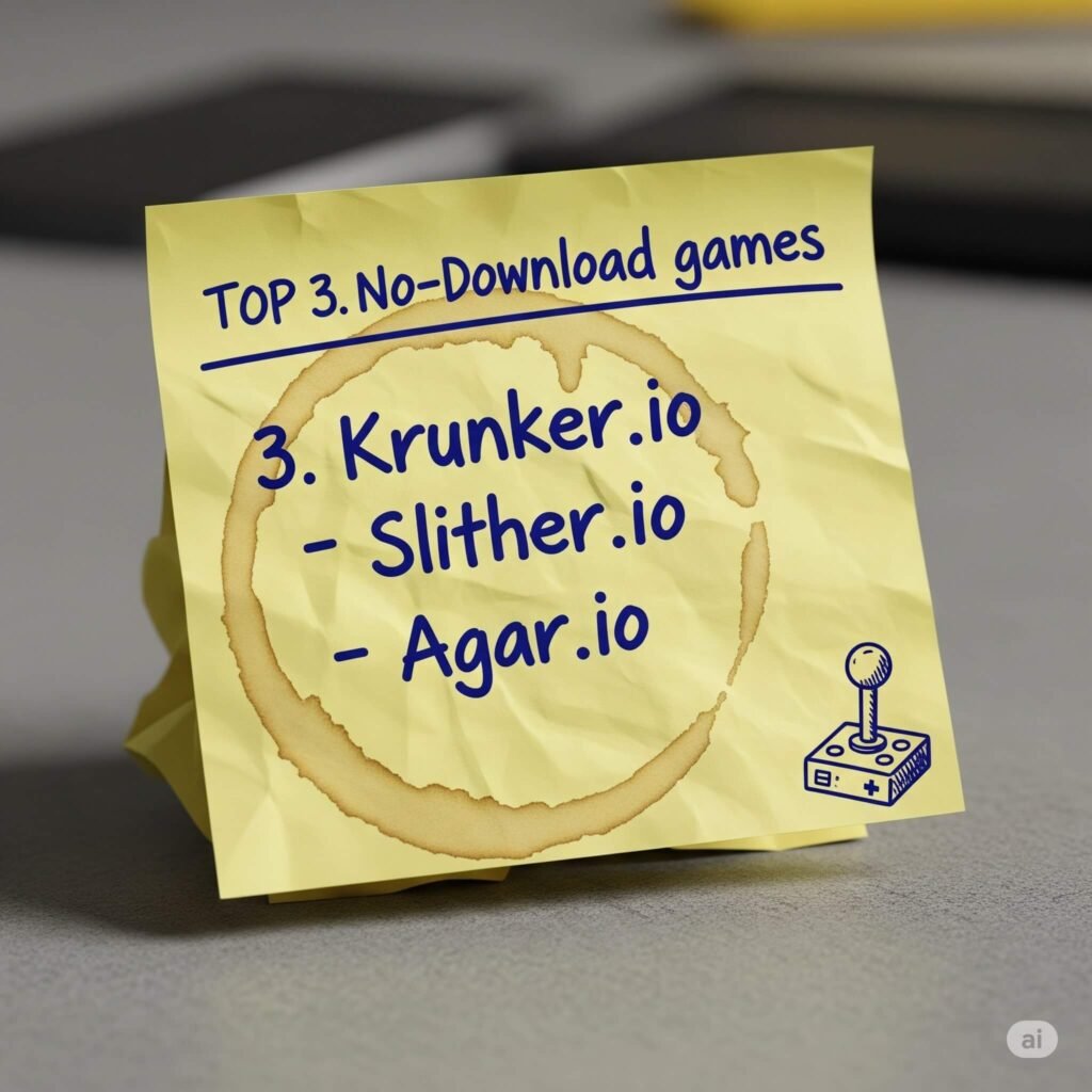Sticky note listing Krunker.io, Slither.io, and Agar.io.
