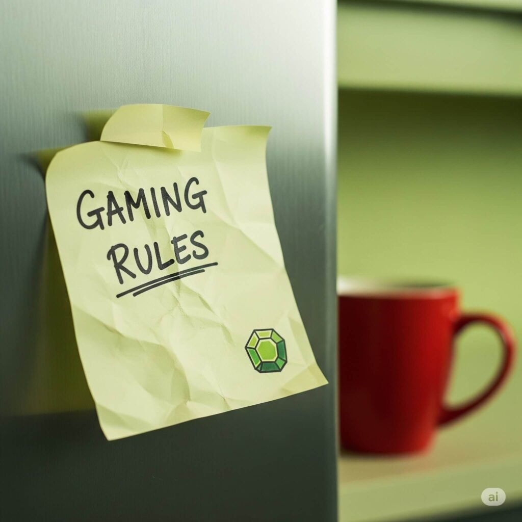 Sticky note on fridge with "Gaming Rules