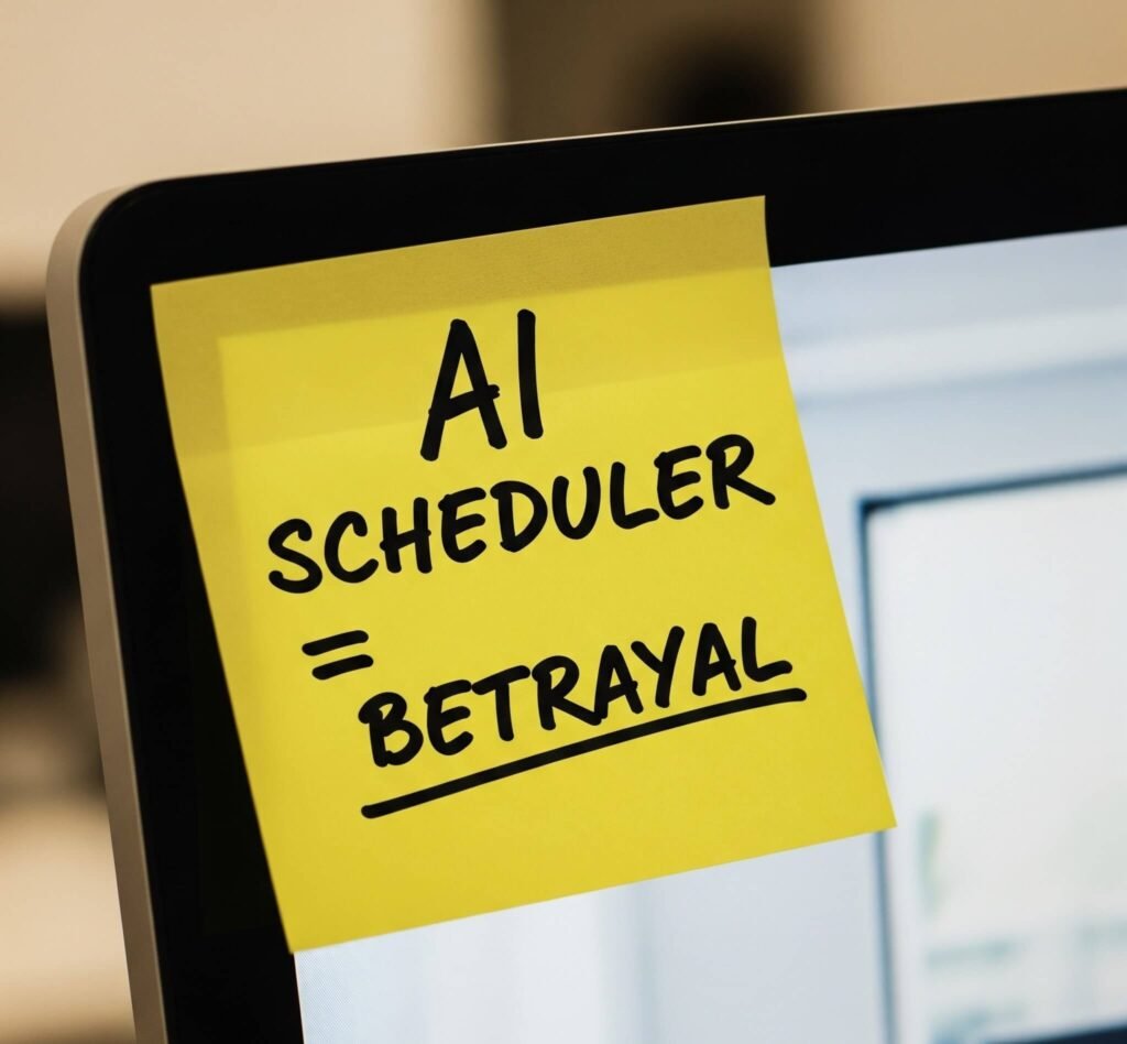 Yellow sticky note on monitor: "AI scheduler