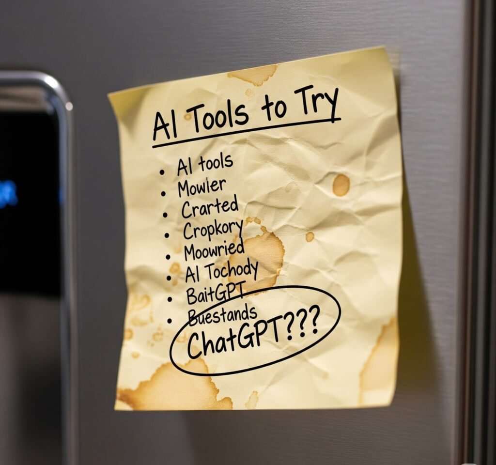 Coffee-stained sticky note on fridge with