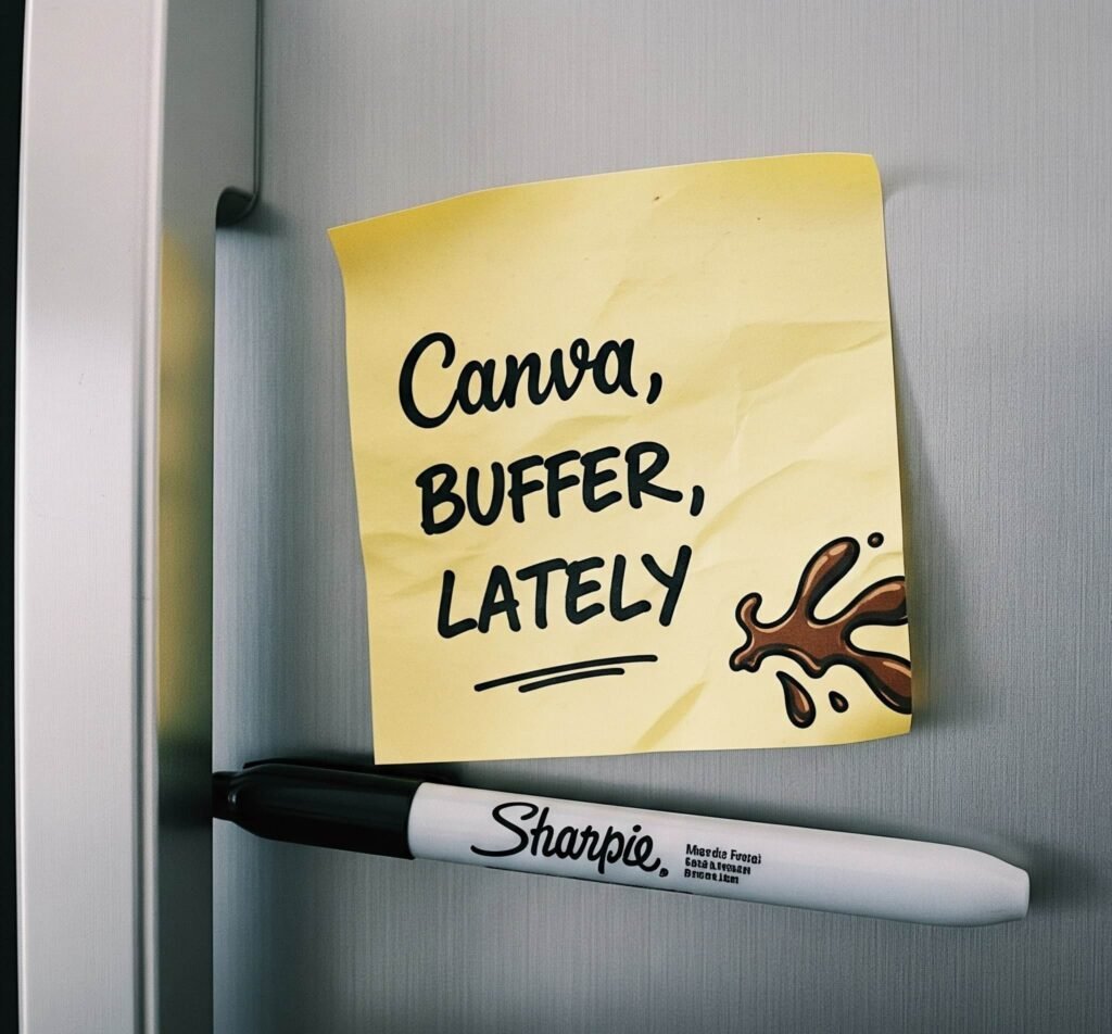 Crumpled Post-it with AI tool list, coffee stain.