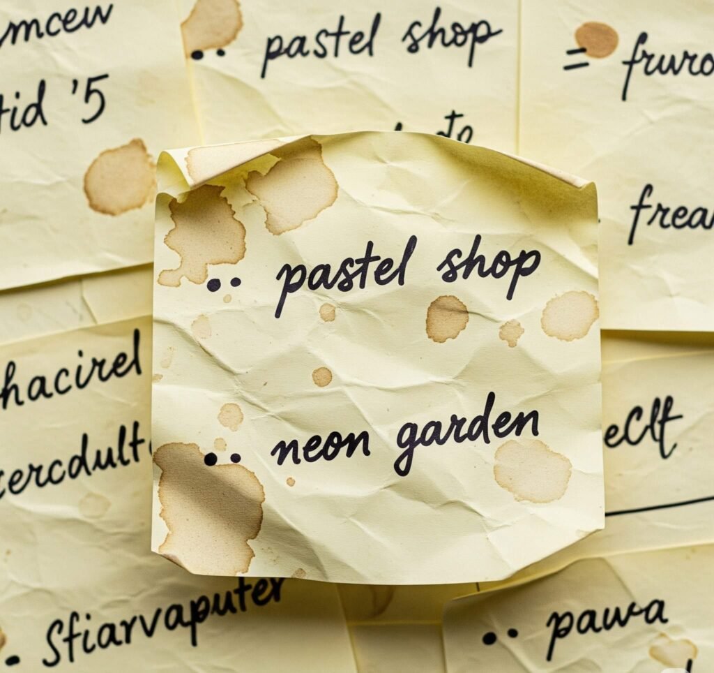 Crumpled sticky note with handwritten creative ideas.
