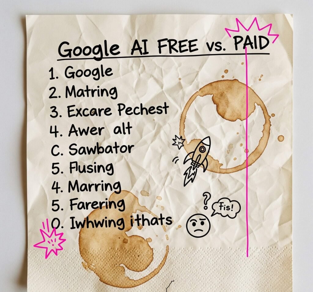 Crumpled napkin with "Google AI Free vs. Paid" list and coffee stains.