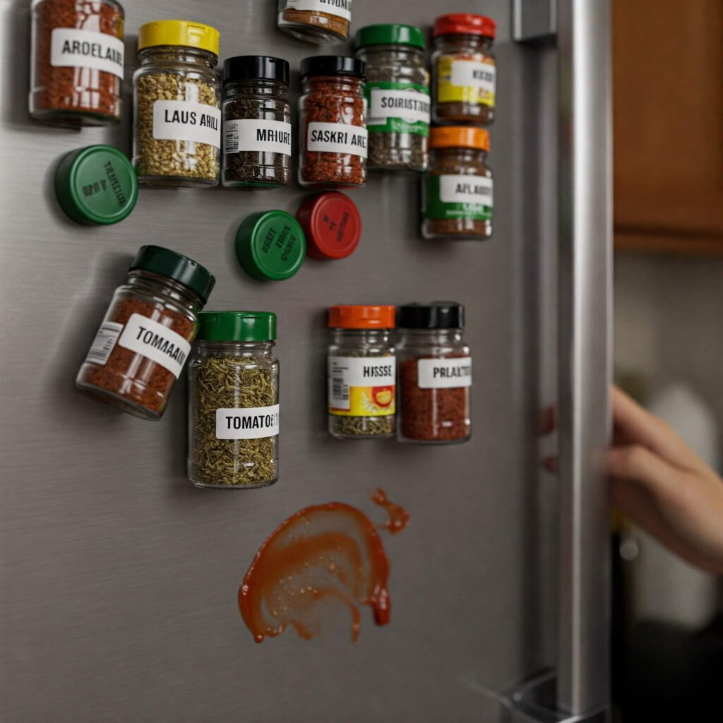 Magnetic spice jars fridge mess
