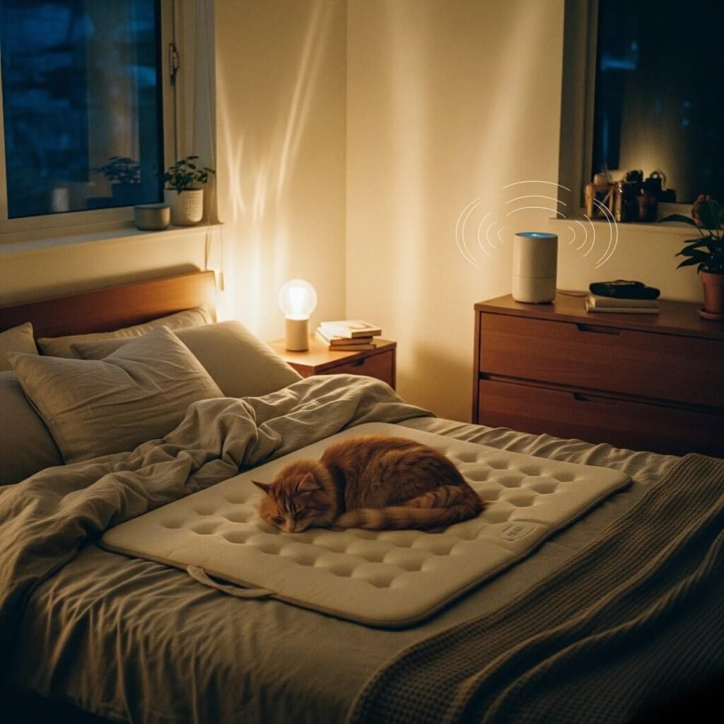 Cozy Bedroom with Cat and Smart Gadgets
