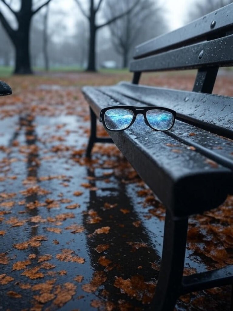 Rainy park bench, smart glasses, glitchy AR forecast, wet leaves
