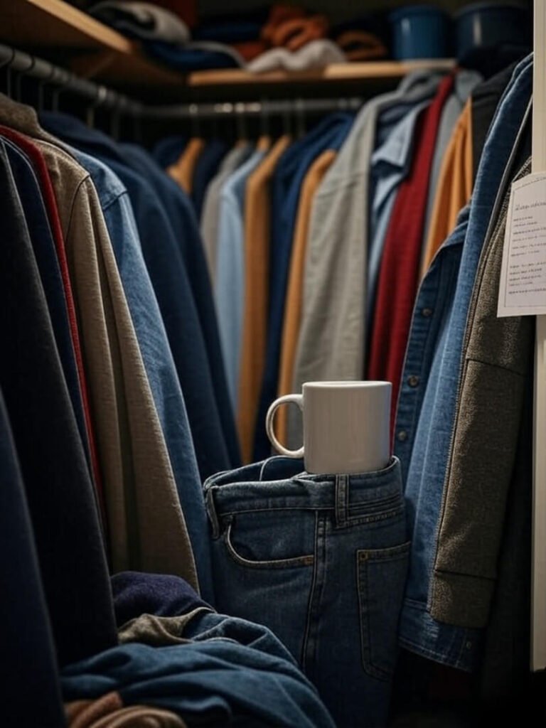 Messy closet, half-hung outfit, lurking coffee mug