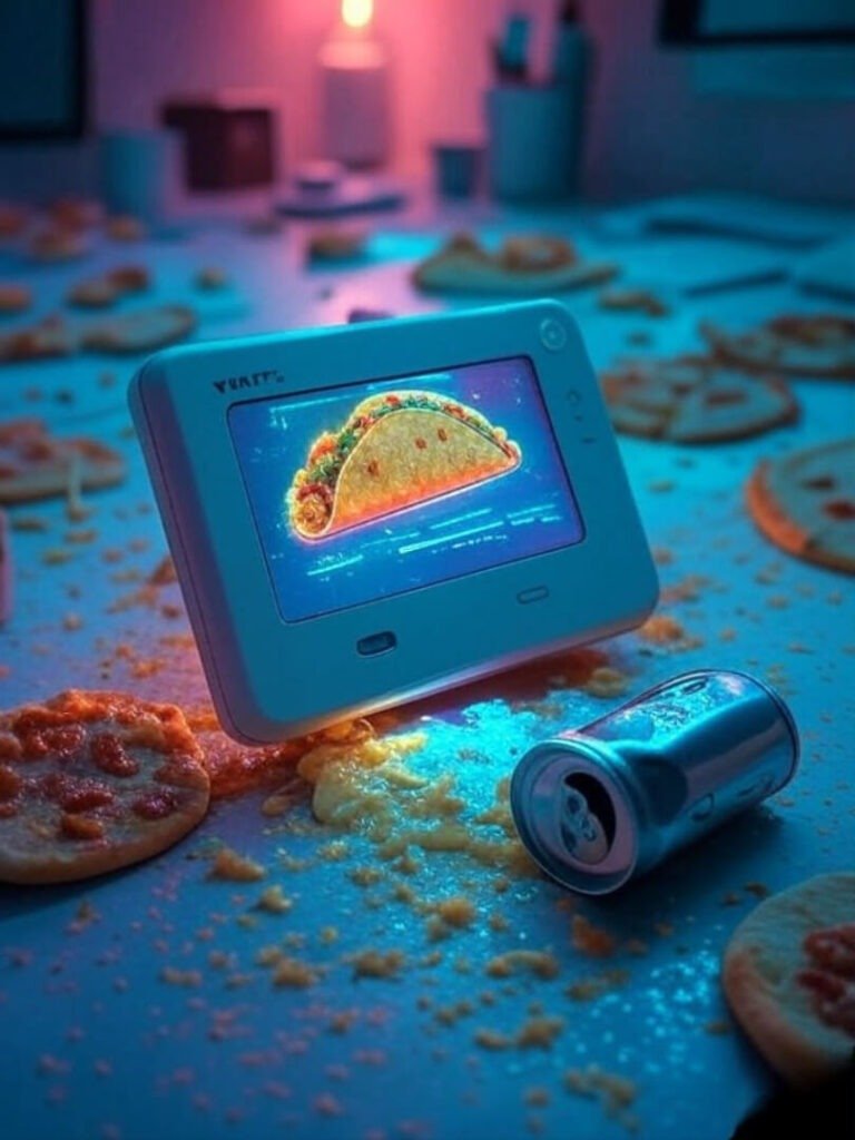 Glitchy taco hologram, pizza crusts, spilled soda mess