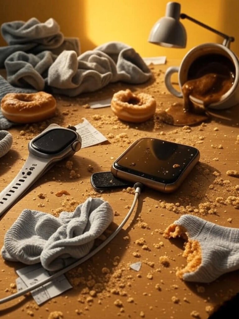Smartwatch, spilled coffee, socks, donut, messy desk glow