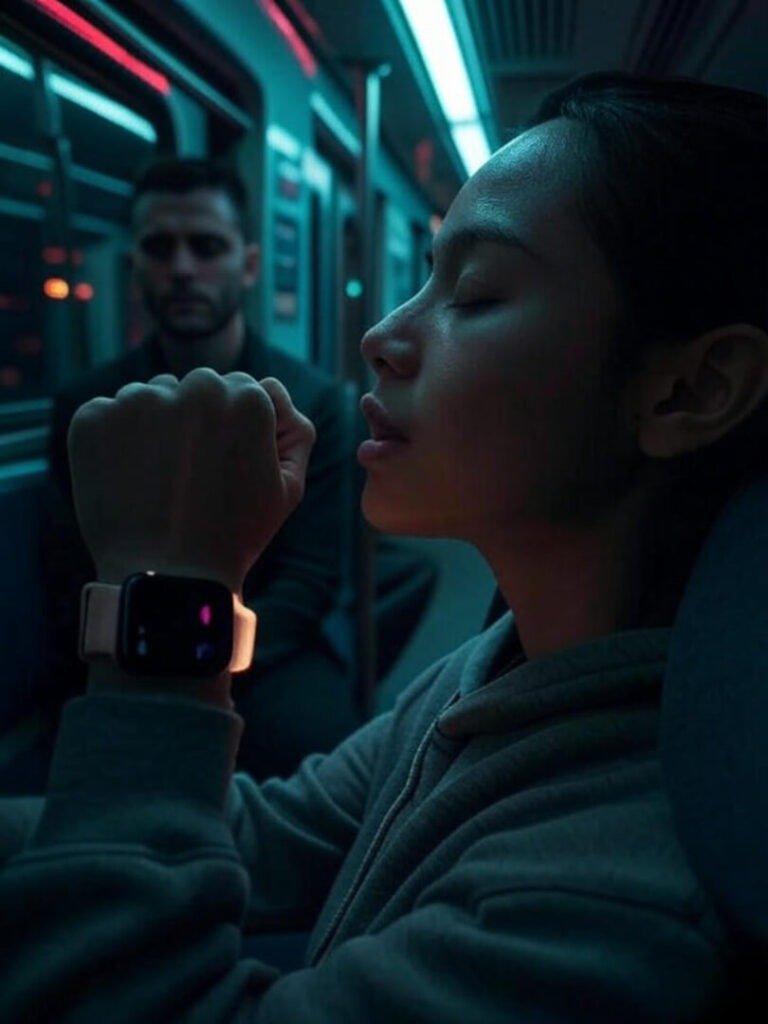 Blurry subway, breathing exercise, glowing watch, staring man