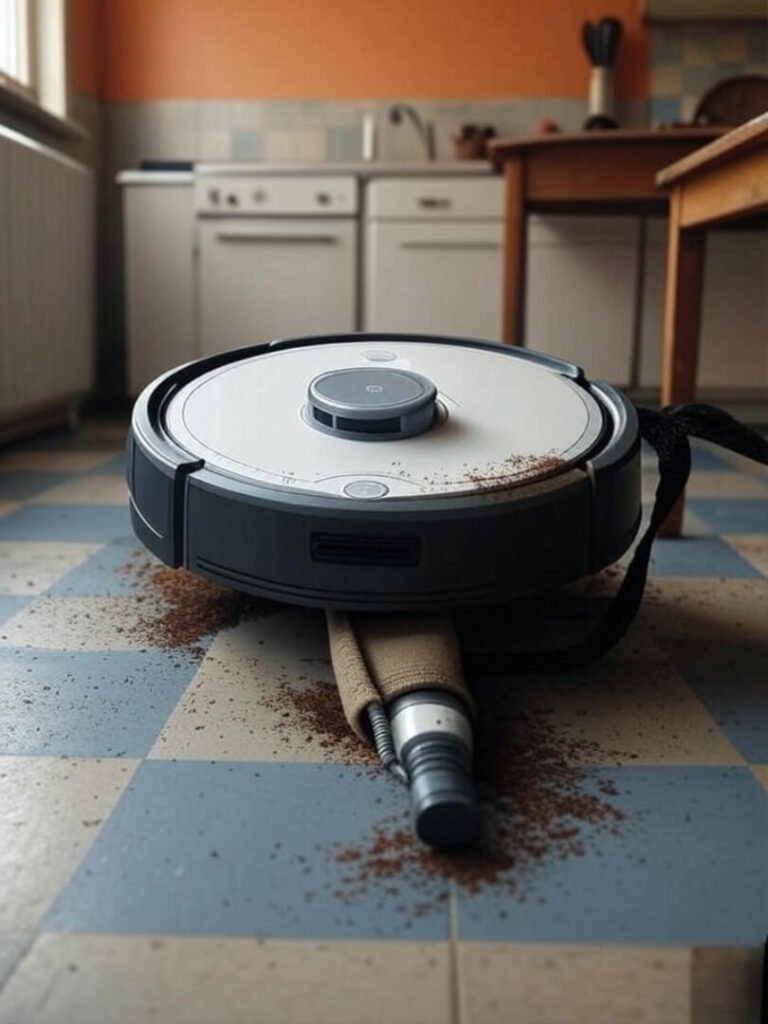 Robot vacuum tangled in shoelace, coffee mess