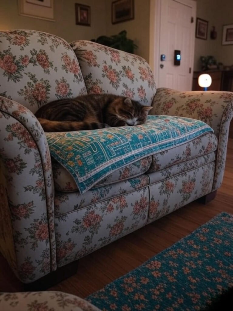 Cozy couch, glowing hub, napping cat, smart lock