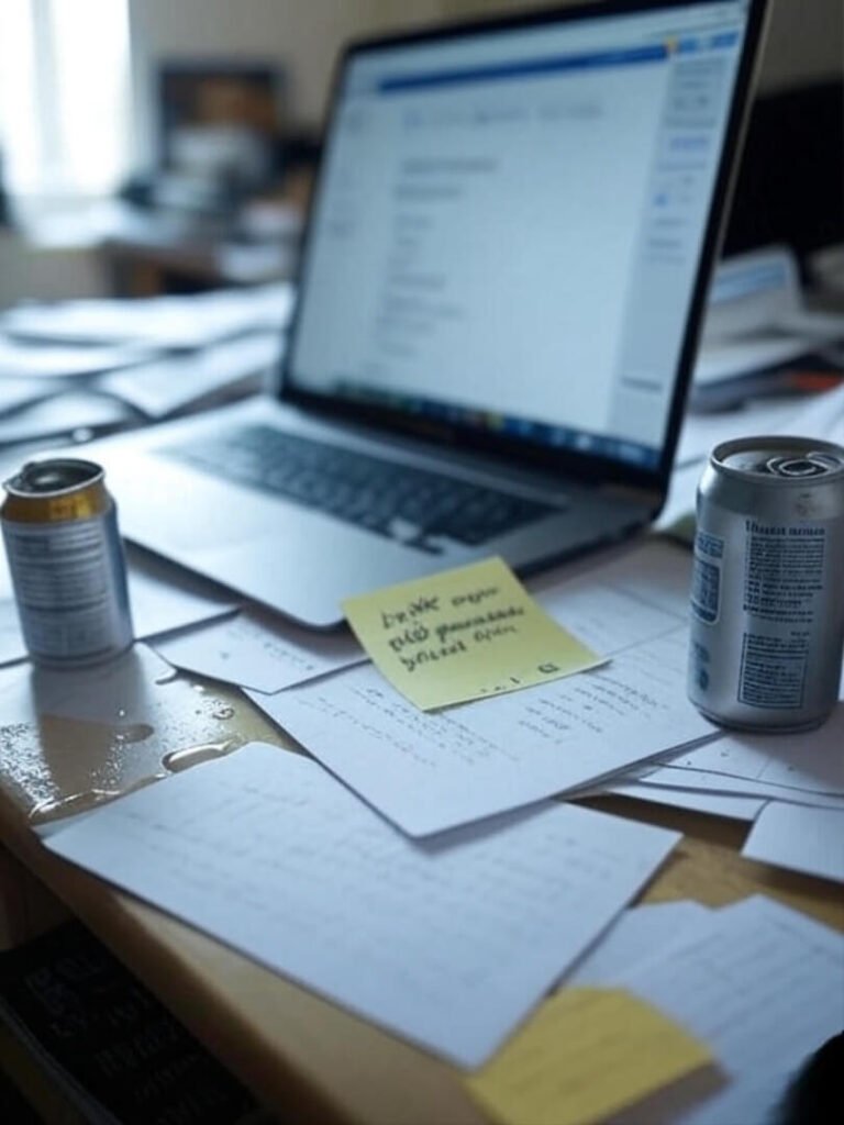 Cluttered desk, laptop, spilled drink, Post-it, chaotic vibe