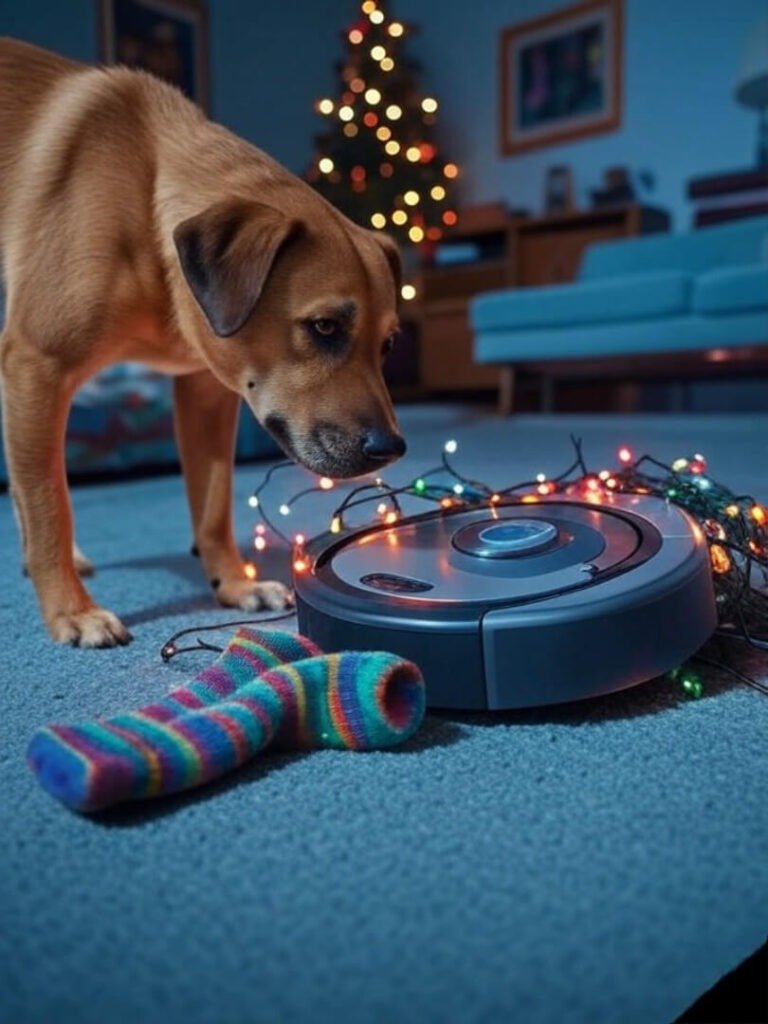 Dog sniffs tangled vacuum with sock, retro ‘80s vibe