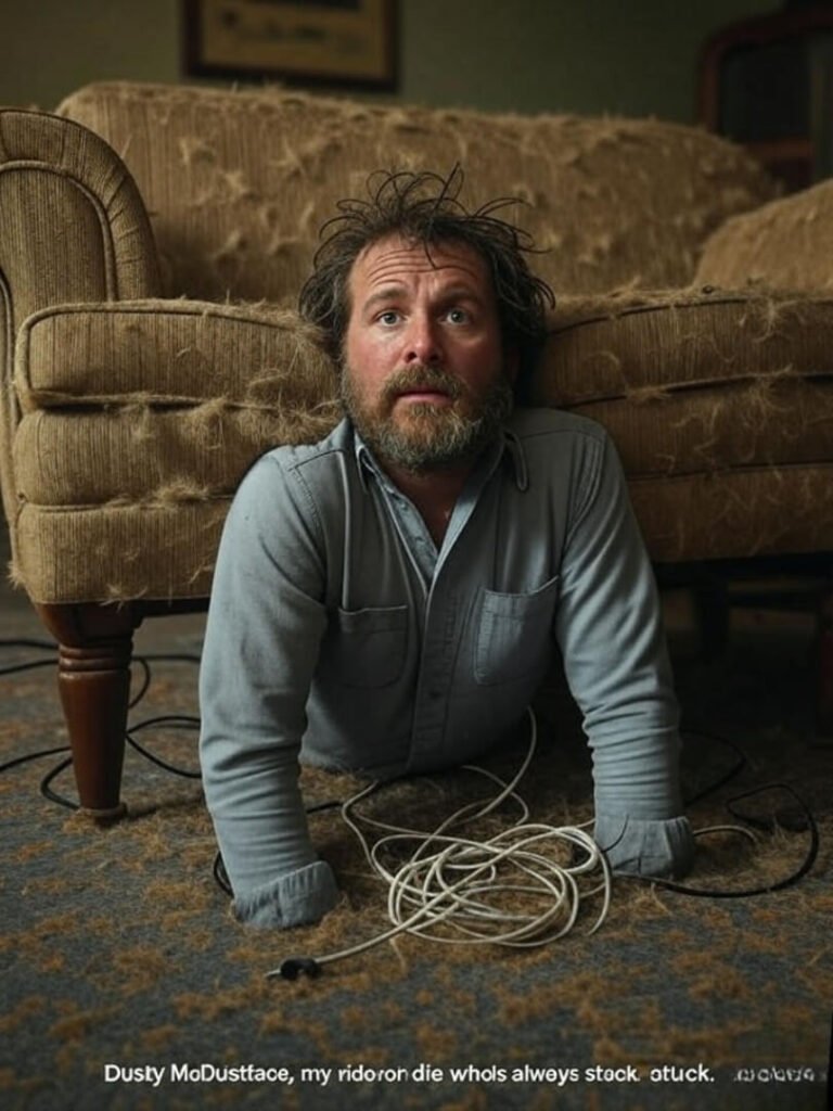 Dusty McDustface stuck under couch with dog hair
