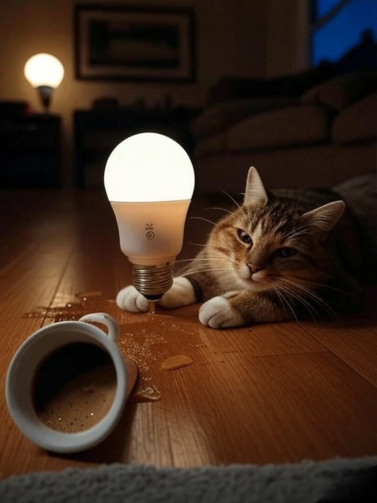 Glowing smart bulb, Pickles glares at spilled coffee