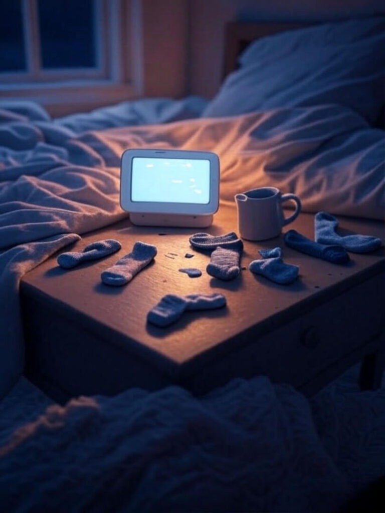 Messy bedroom, Nest Hub glowing, socks everywhere, tipped coffee mug