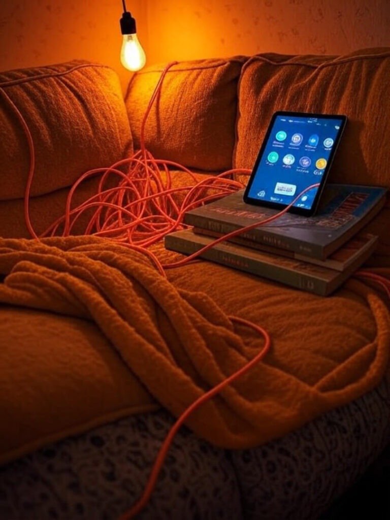 Cozy nook with lumpy couch, tablet, Wyze bulb, messy cables