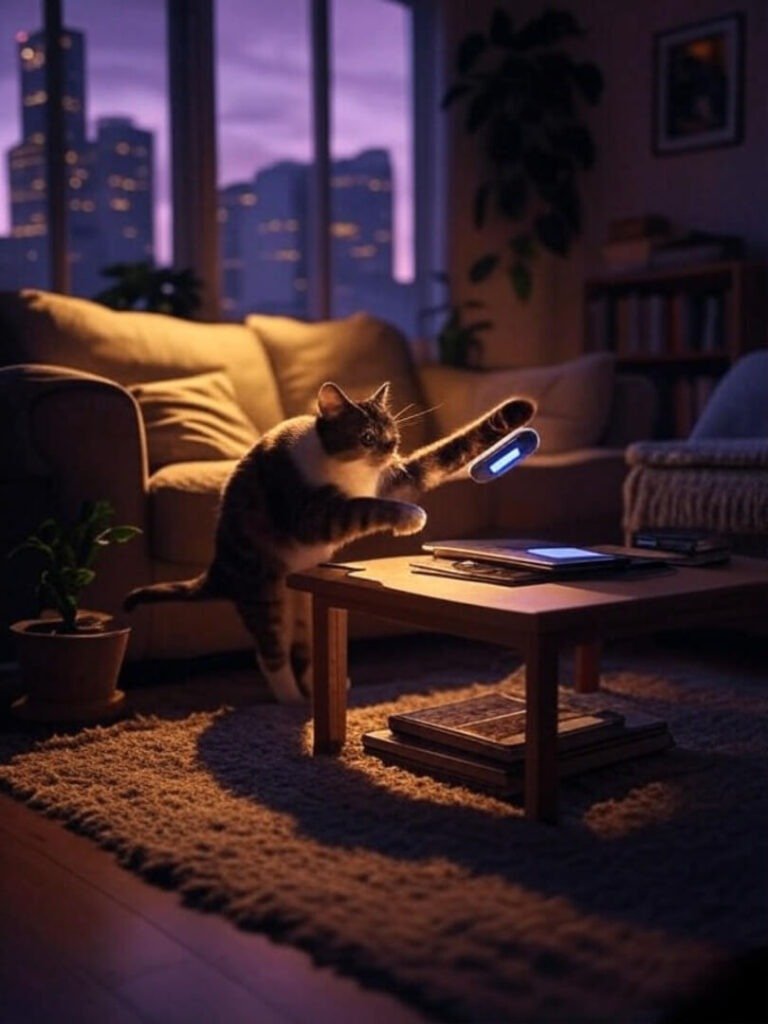 Cozy dusk Seattle home, cat plays with smart sensor glow
