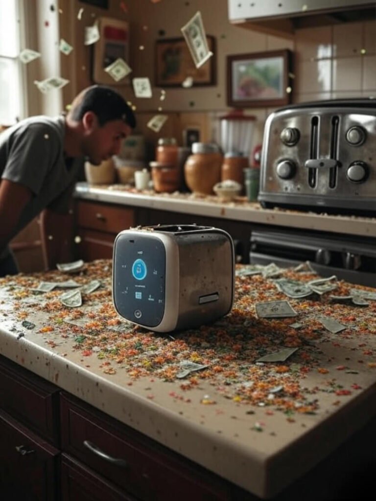 Chaotic kitchen, smart speaker, sparking toaster, dollar bills fly