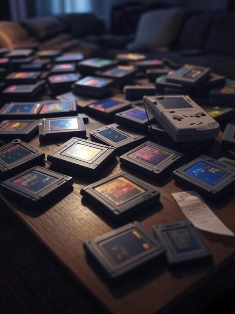 Retro game haul with scratched Game Boy, cartridges, receipt