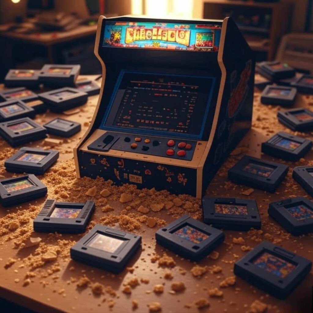 Messy desk with retro console and crumbs
