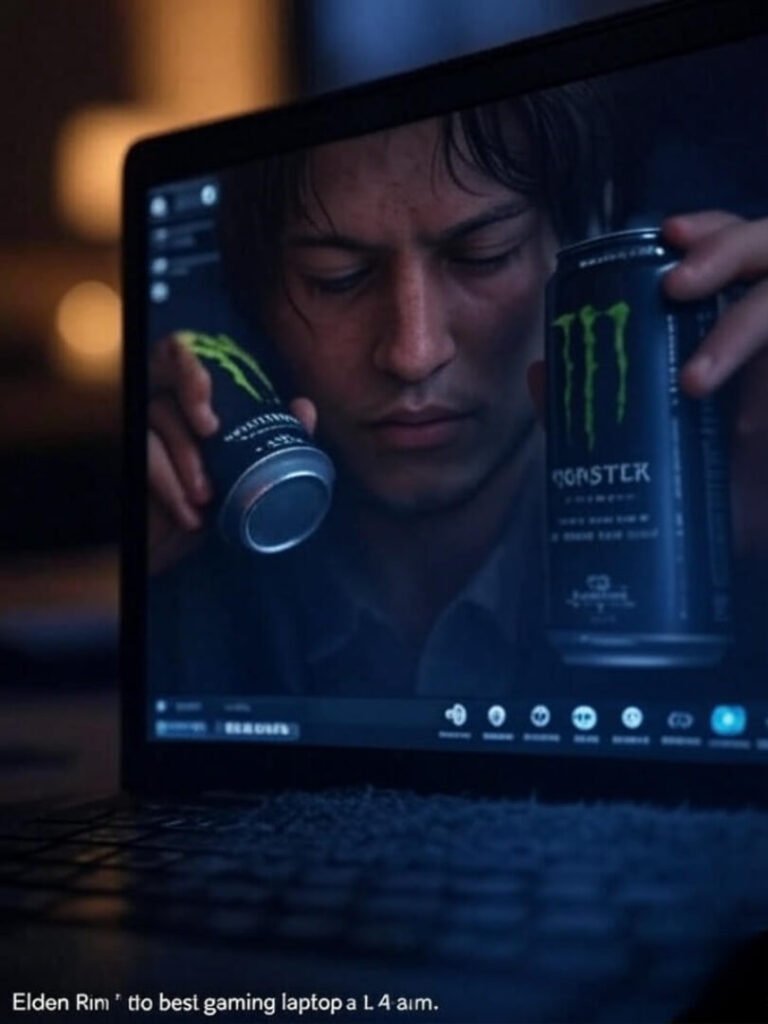 Blurry Elden Ring screen, tired reflection, Monster can, 4 a.m
