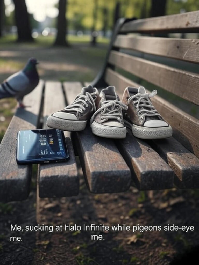 Sneakers, phone with Halo, pigeon photobombs park bench
