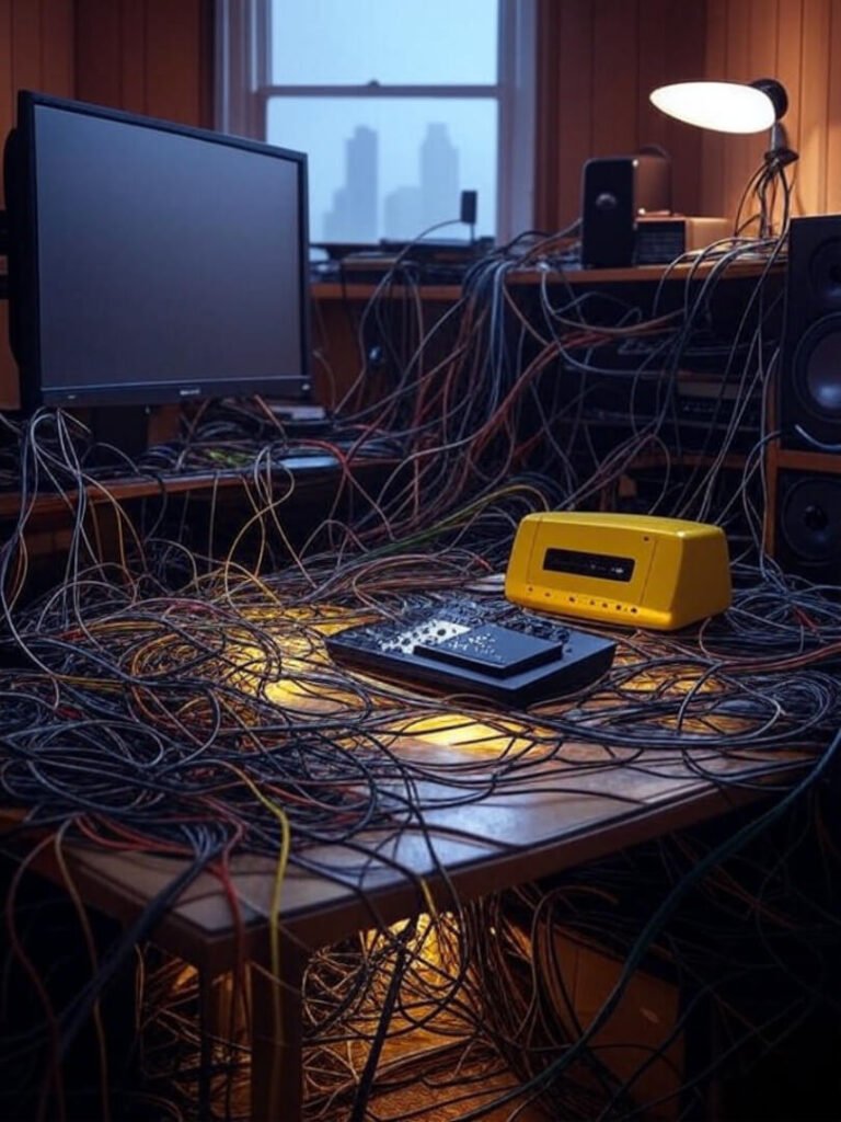 Glowing monitor, yellow router, cable chaos in Queens