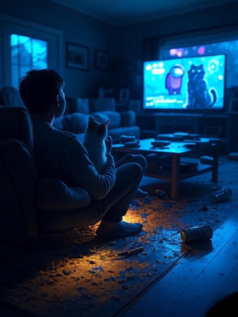 Chaotic room, Among Us TV, spilled drink, glaring cat